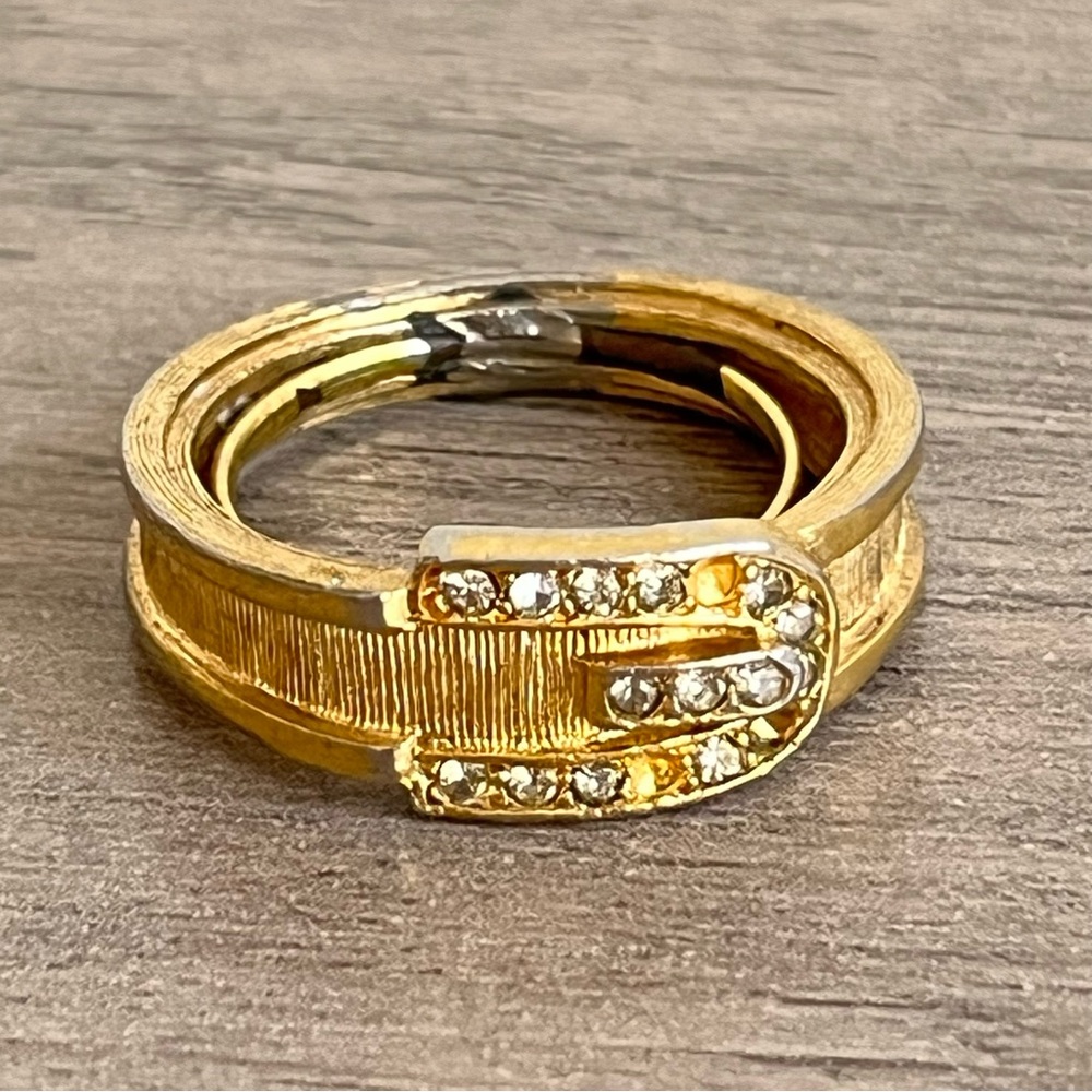 Vintage Avon 1970's Gold Rhinestone Buckle Ring - Size 6